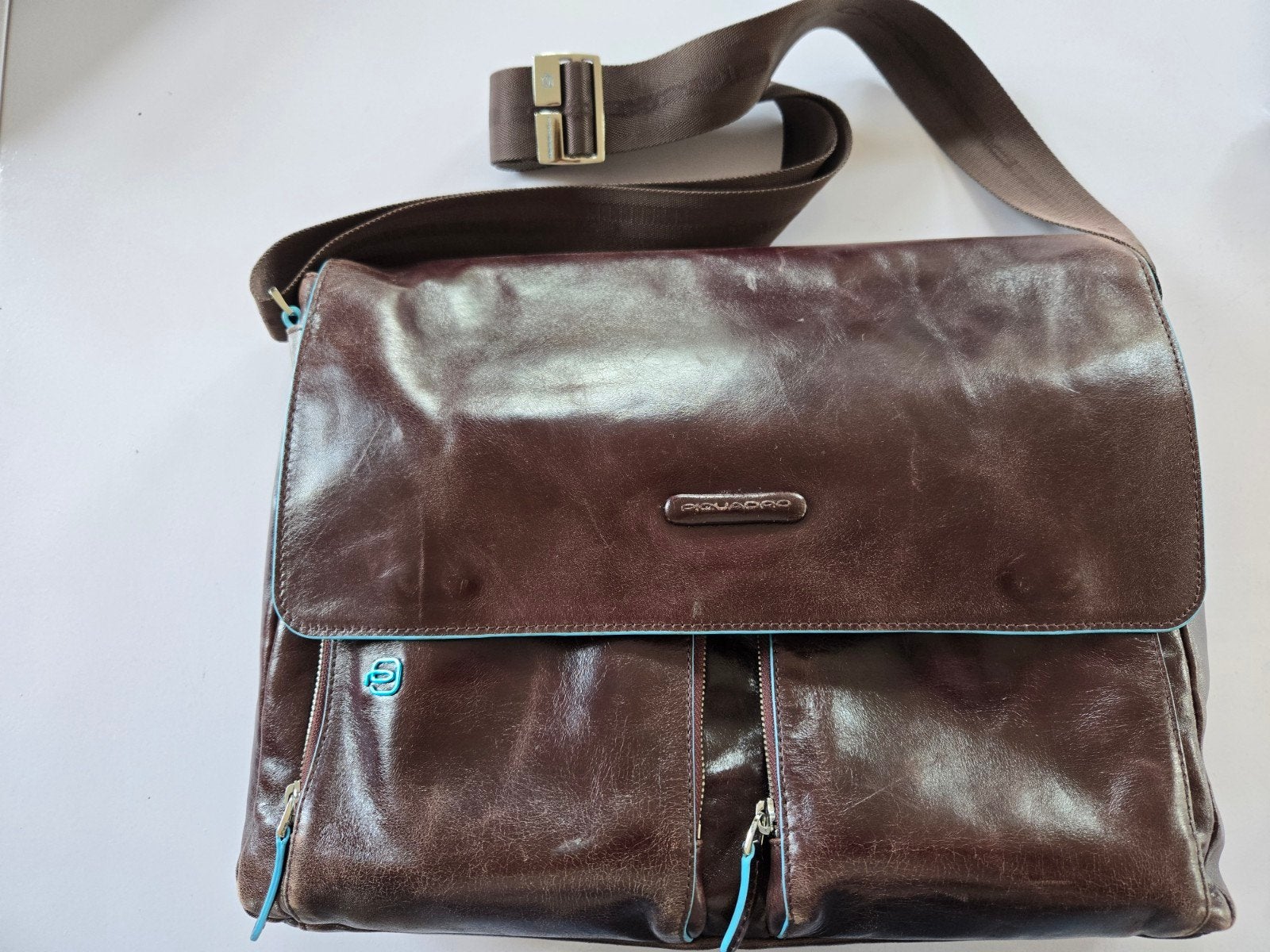 Piquadro Leren Schoudertas Bruin met Laptopvak, Overige merken, Gebruikt, Bruin, Verzenden