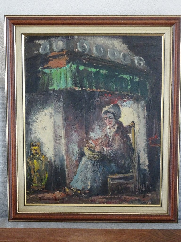 Sfeervol Olieverfschilderij van vrouw bij kachel, Antiek en Kunst, Ophalen, Gesigneerd, Doek, Expressionistisch