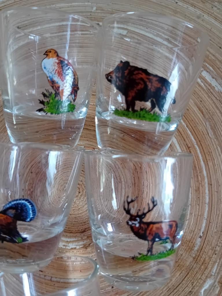 Set van 5 vintage borrelglaasjes met jachttaferelen, Verzenden