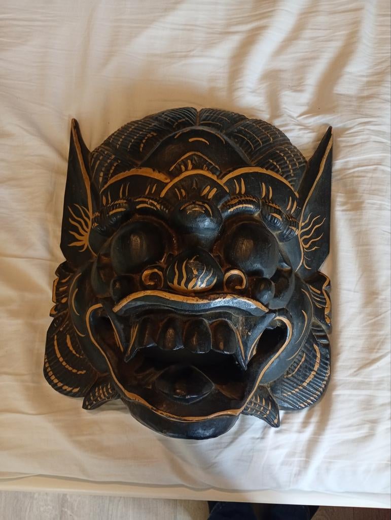 Handgesneden Balinees houten masker – 40x34 cm – goudaccente, Ophalen of Verzenden
