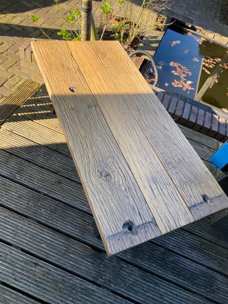 Salontafel van massief eiken wagondelen, Ophalen, Gebruikt, 100 tot 150 cm, 50 tot 100 cm