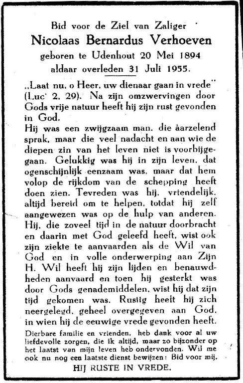 Verhoeven Nicolaas 1894 Udenhout 1955, Verzamelen, Bidprentjes en Rouwkaarten, Ophalen of Verzenden, Bidprentje