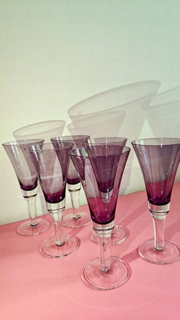 6x wijnglazen paars glas vintage, Ophalen of Verzenden, Zo goed als nieuw, Overige typen