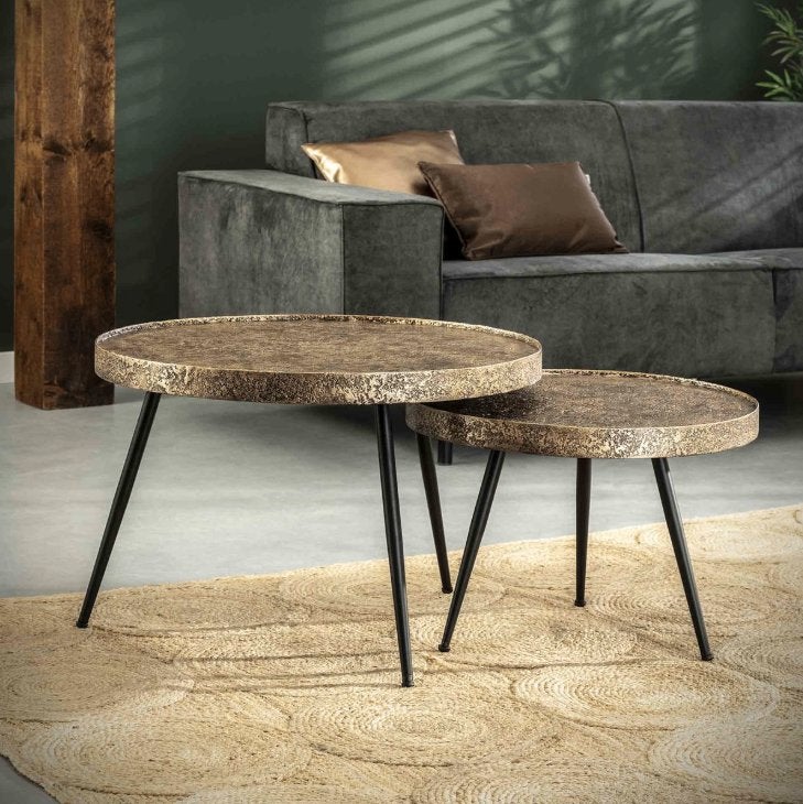 Bijzettafel set 2 Maze zandgegoten - Zwart Nikkel - NIEUW, 45 tot 60 cm, Minder dan 55 cm, Rond, Nieuw