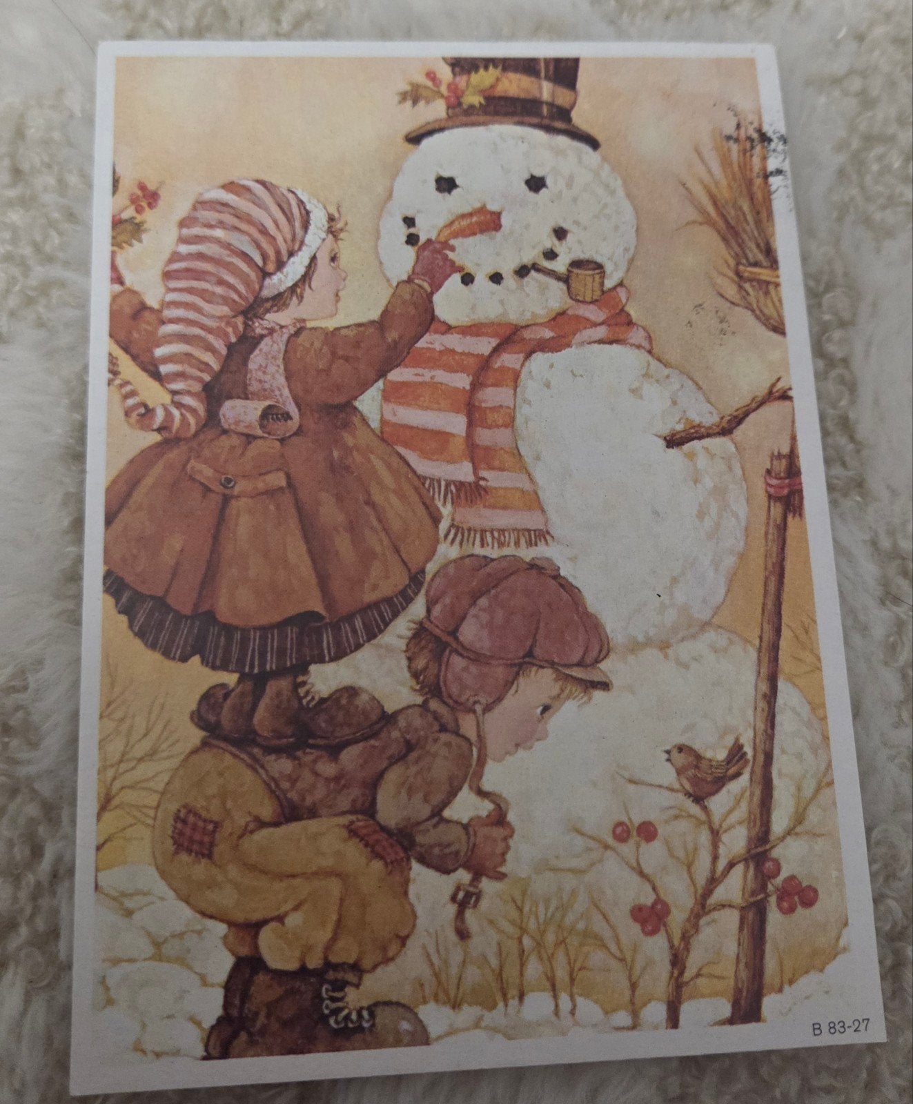 Vintage Kerstkaart: Kinderen en Sneeuwpop, Verzenden, 1960 tot 1980, Gelopen, Feest(dag)