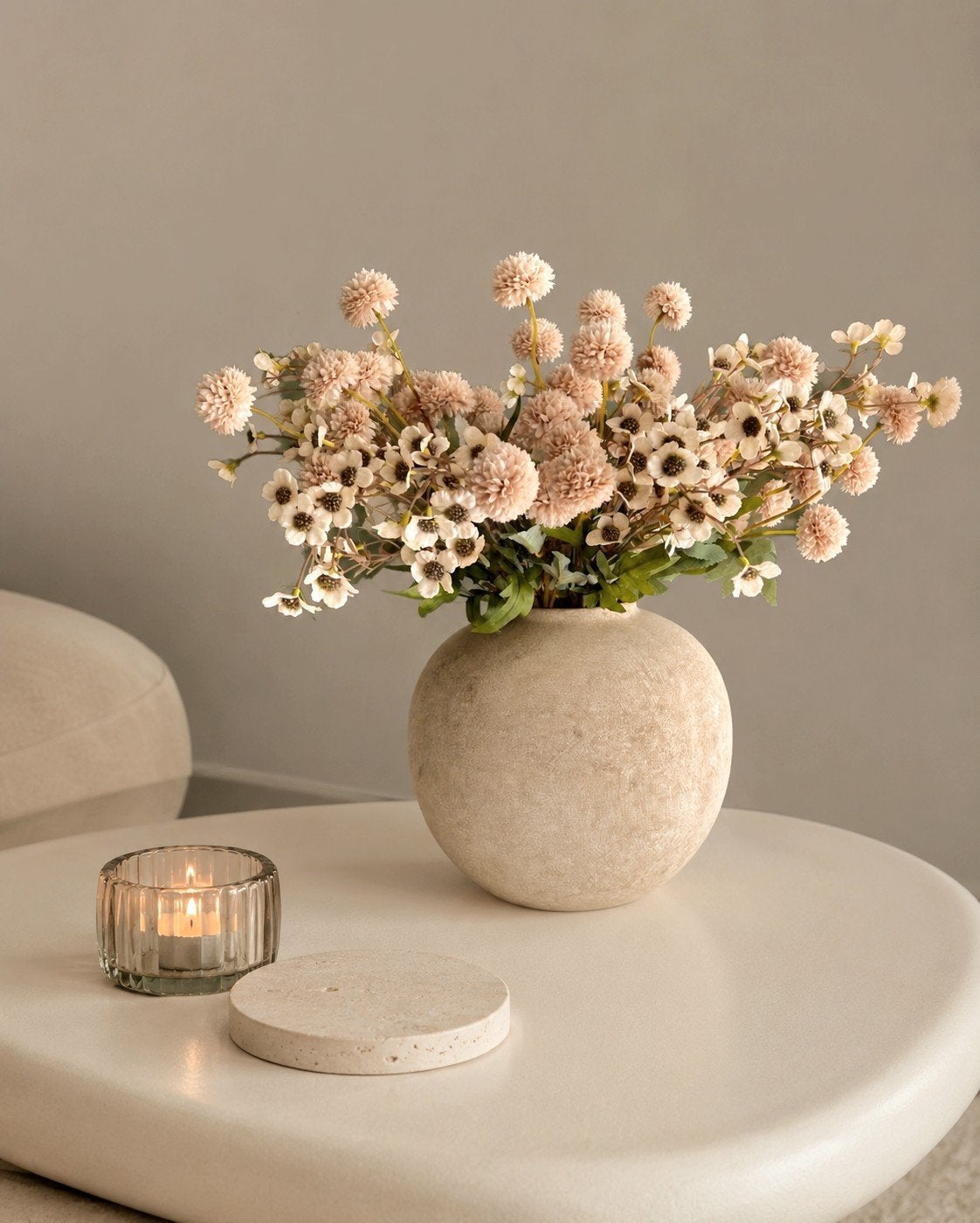 Pompom Kunstbloemen boeket Beige, Ophalen of Verzenden, Nieuw