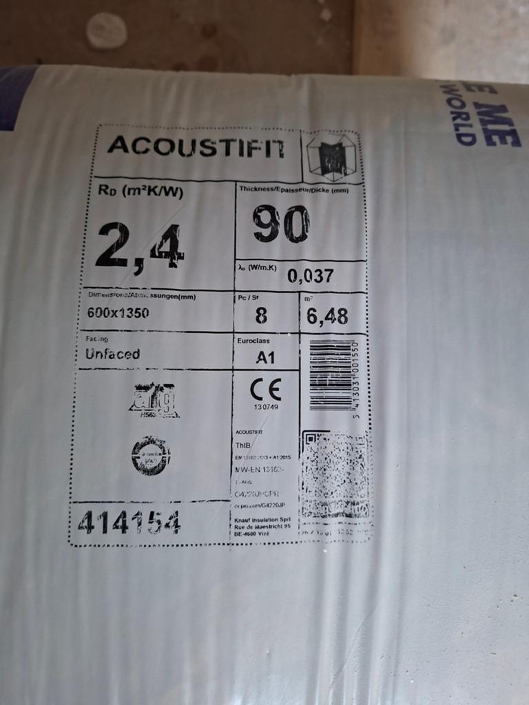 Knauf Acoustifit Glaswol Isolatie 90mm - Nieuw, Ophalen, 12 cm of meer, Nieuw, 15 m² of meer