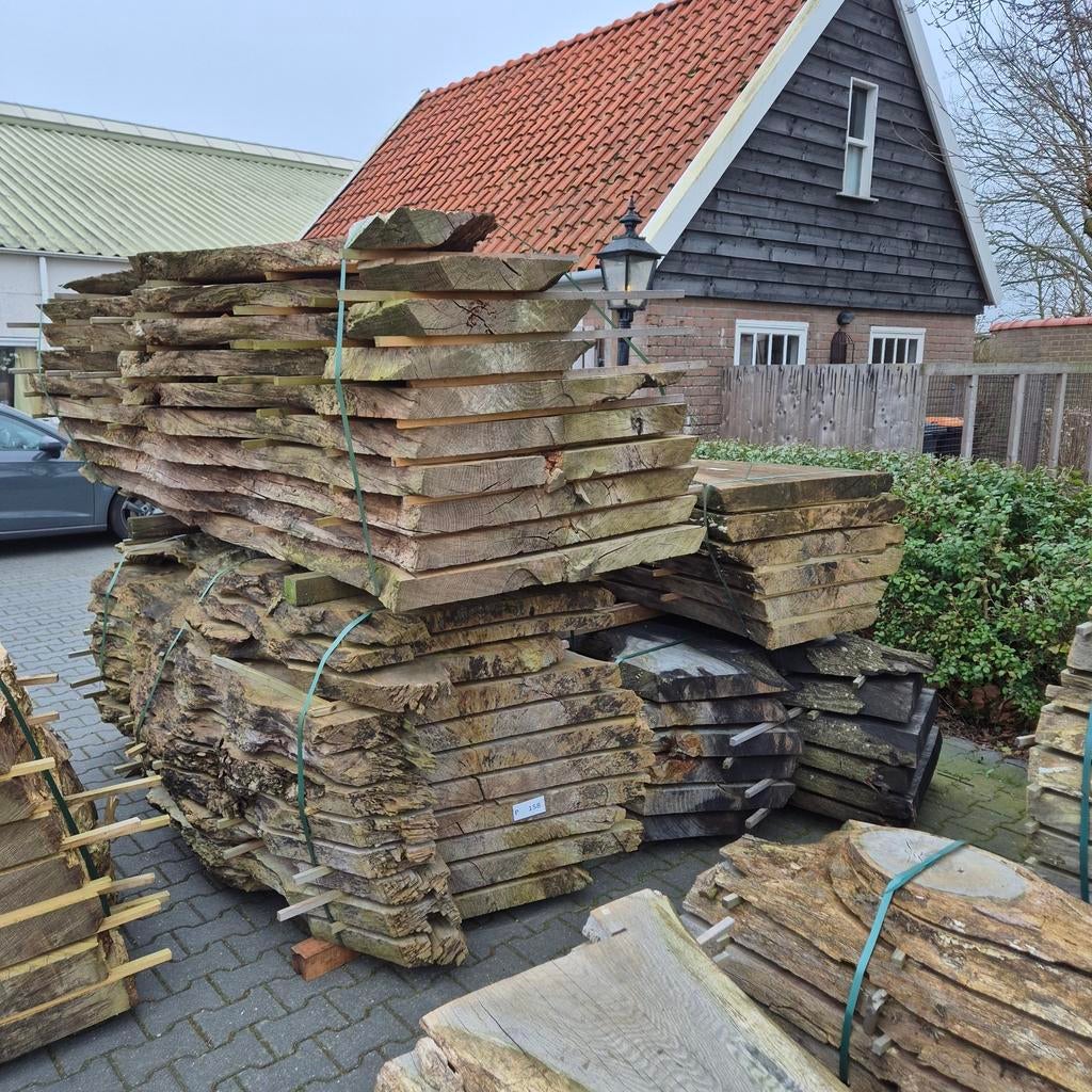 Grote partij overjarige boomstamplanken en bladen, Ophalen, Overige houtsoorten, 50 mm of meer, Plank