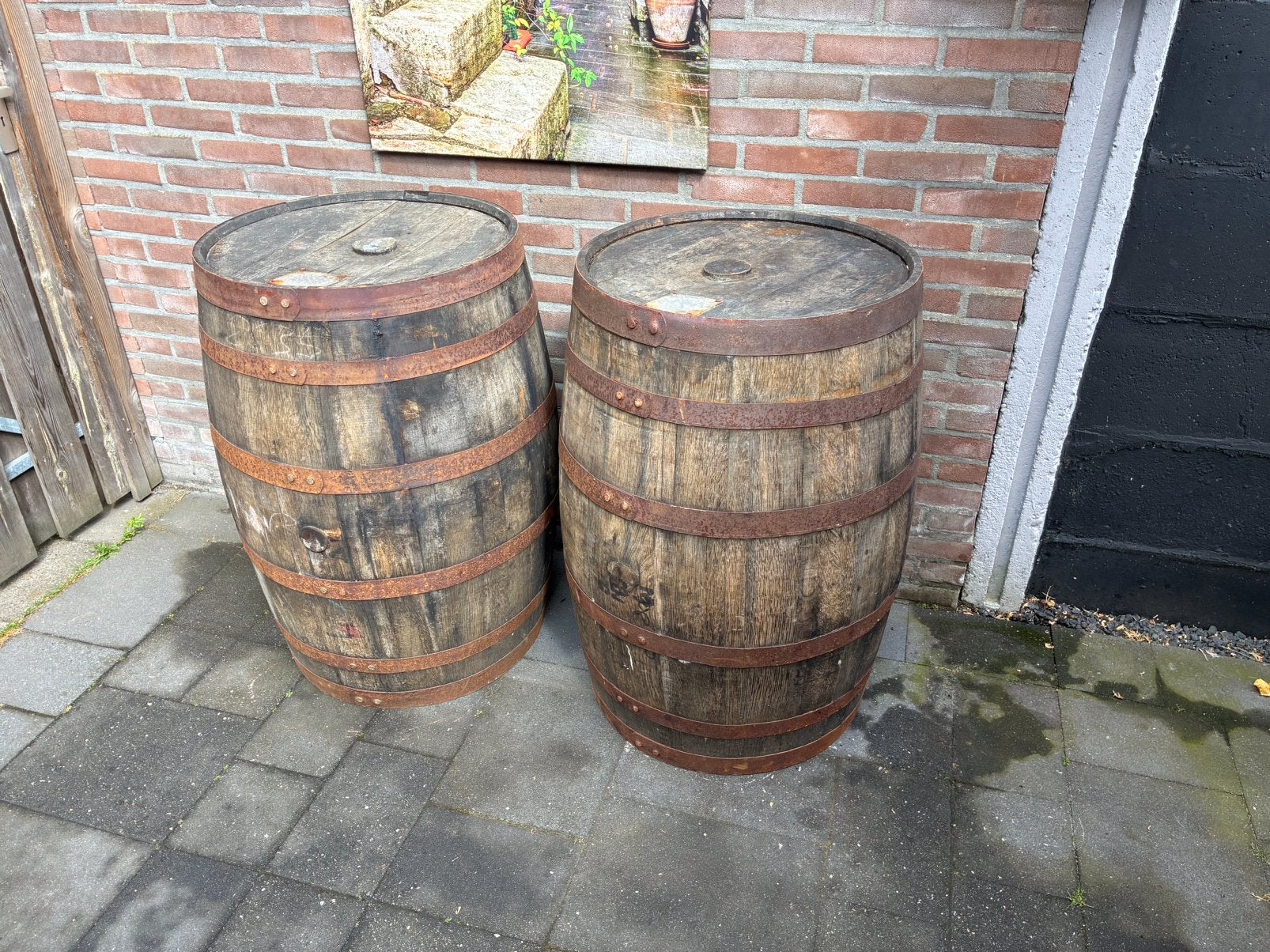 2x een wijnvat, 150 liter of meer, Ophalen, Gebruikt, Hout