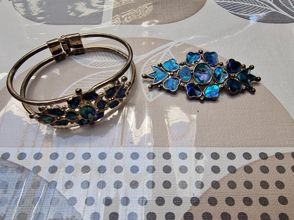 Armband ketting broche met abalone schelp, Overige materialen, Gebruikt, Blauw, Ophalen of Verzenden