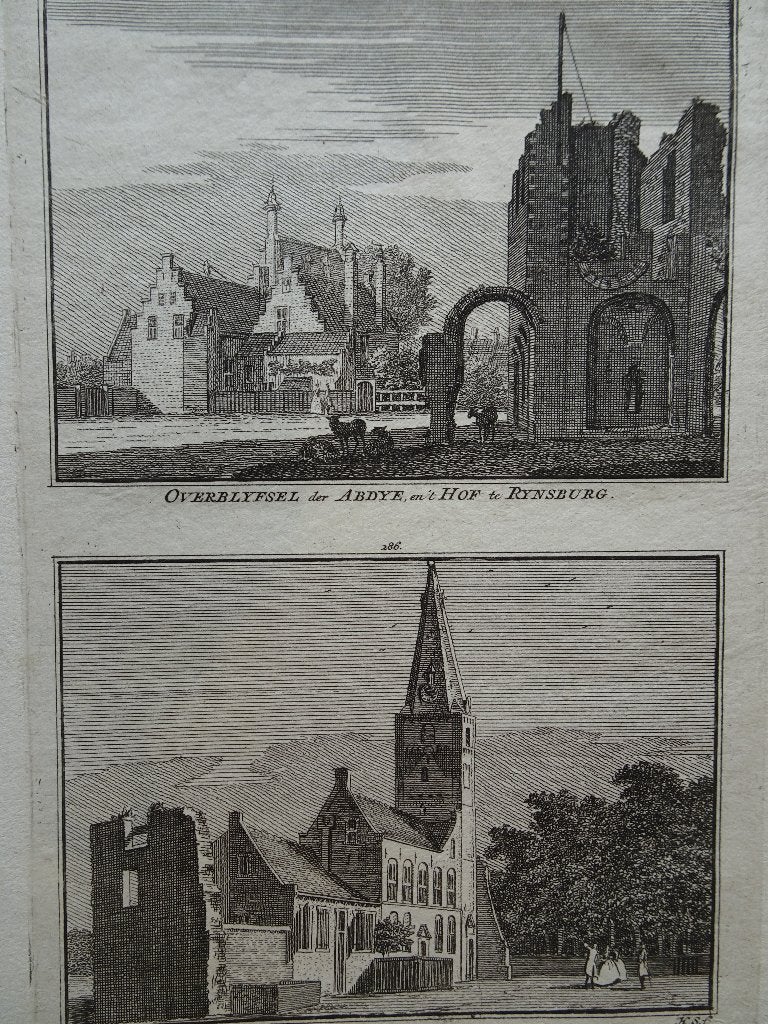 Twee gravures kerk, Abdij en hof van Rijnsburg 1730 Spilman, Antiek en Kunst, Verzenden, Stadsgezicht, Gravure, Origineel