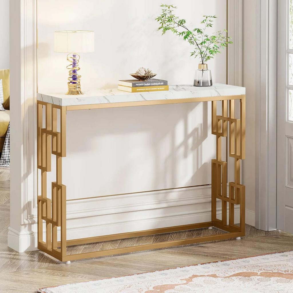 Moderne sidetable met marmerlook blad, Huis en Inrichting, Tafels | Sidetables, Ophalen, 100 tot 150 cm, Nieuw, Metaal