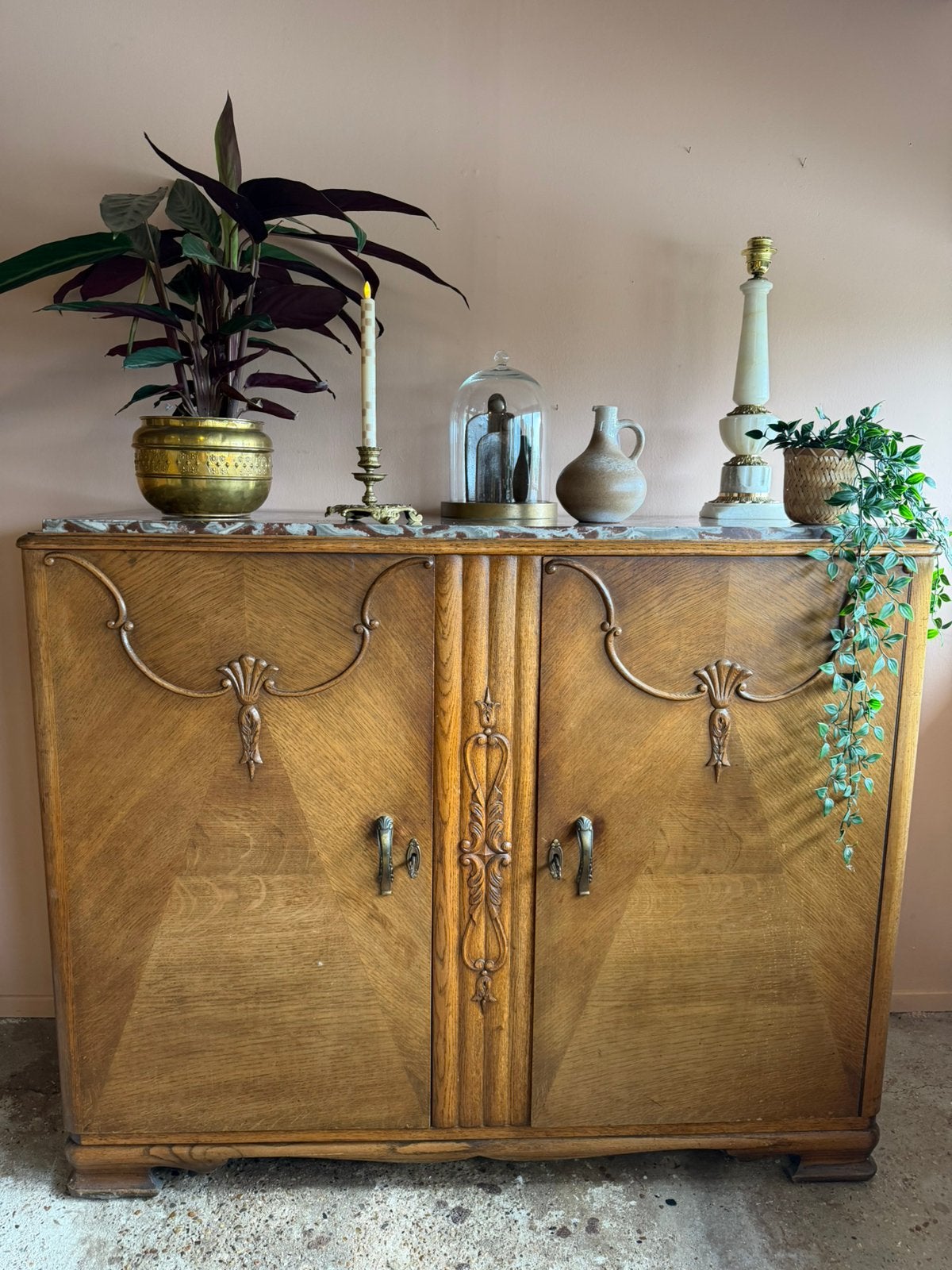 Vintage houten dressoir met marmeren blad, Ophalen, Gebruikt, 100 tot 150 cm, Met lade(s)
