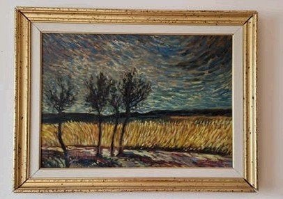 Expressionistisch schilderij 60x45 zomerlandschap J. Mels, Expressionistisch, Ophalen of Verzenden, Landschap, Olieverf