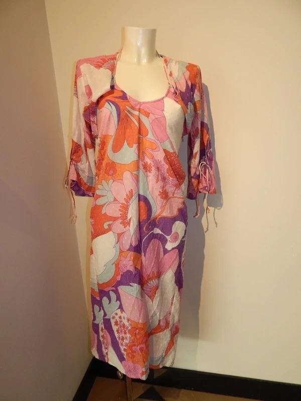 Antik Batik jurk kleurrijke grote print vestje eraan 38, Kleding | Dames, Maat 38/40 (M), Zo goed als nieuw, Onder de knie, Antik Batik