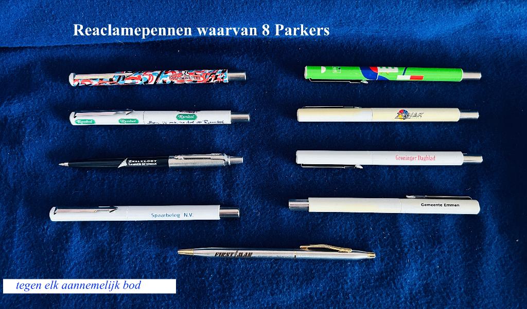Teab 9x Reclamepen (8 Parkers) jaren '80 PTT Rambol en meer, Verzamelen, Pennenverzamelingen, Gebruikt, Balpen, Met reclame, Ophalen