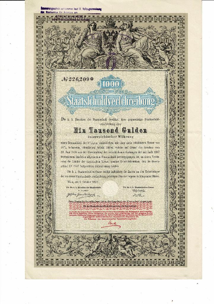 Staatsschuldverschreibung Wien 1868 - 1000 Gulden - VF+, Verzenden, Voor 1920, Obligatie of Lening