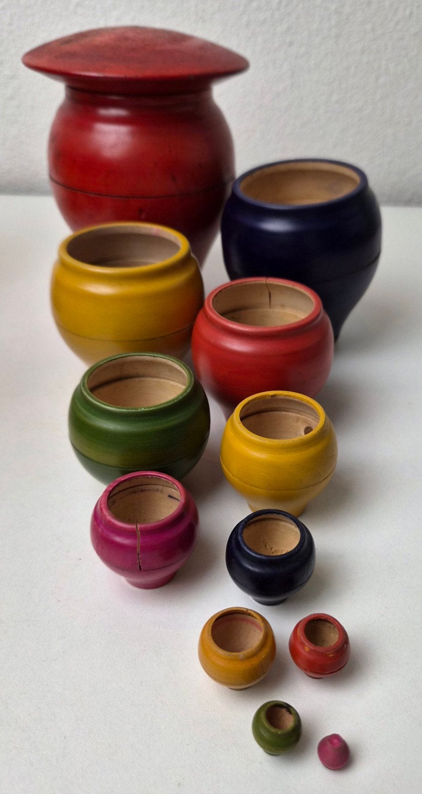Antieke zeldzame houten stapelpotjes / nestpotjes - 12 stuks, Ophalen of Verzenden, Gebruikt