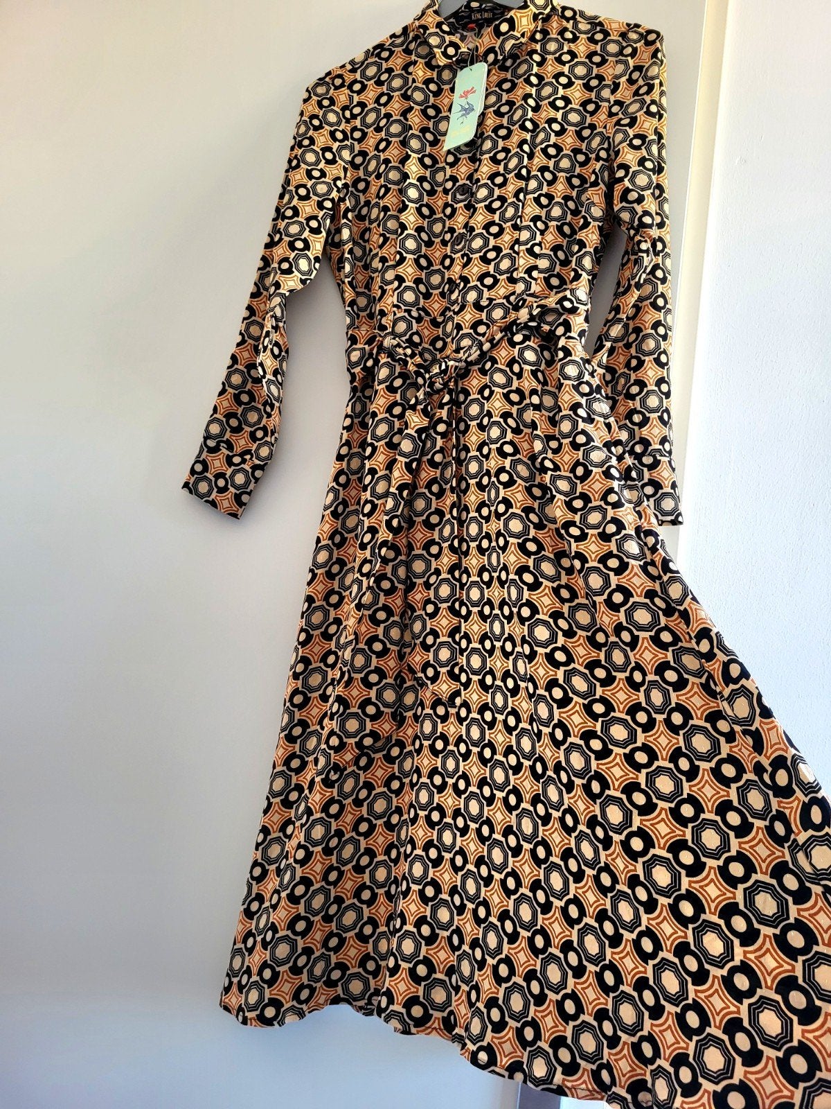 Vintage look Nieuw King Louie Sheeva Dress Geometrische Prin, Bruin, Nieuw, Ophalen of Verzenden, Knielengte