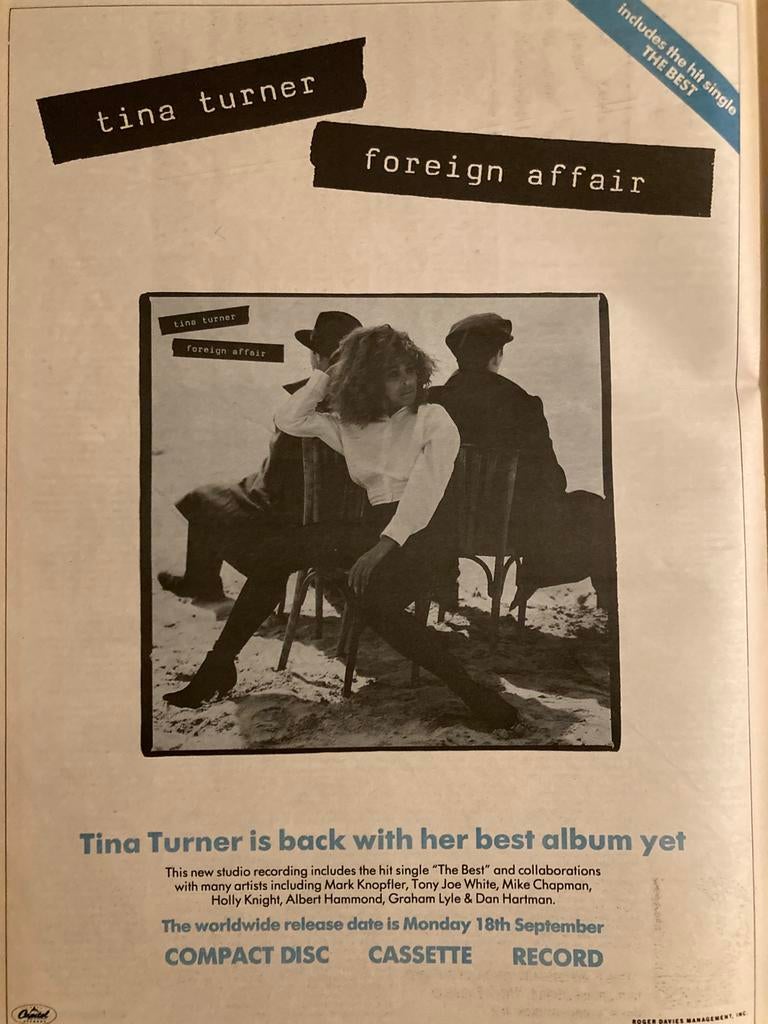 Paginagrote A3 advertentie TINA TURNER Foreign Affair relea, Ophalen of Verzenden, Gebruikt, A1 t/m A3