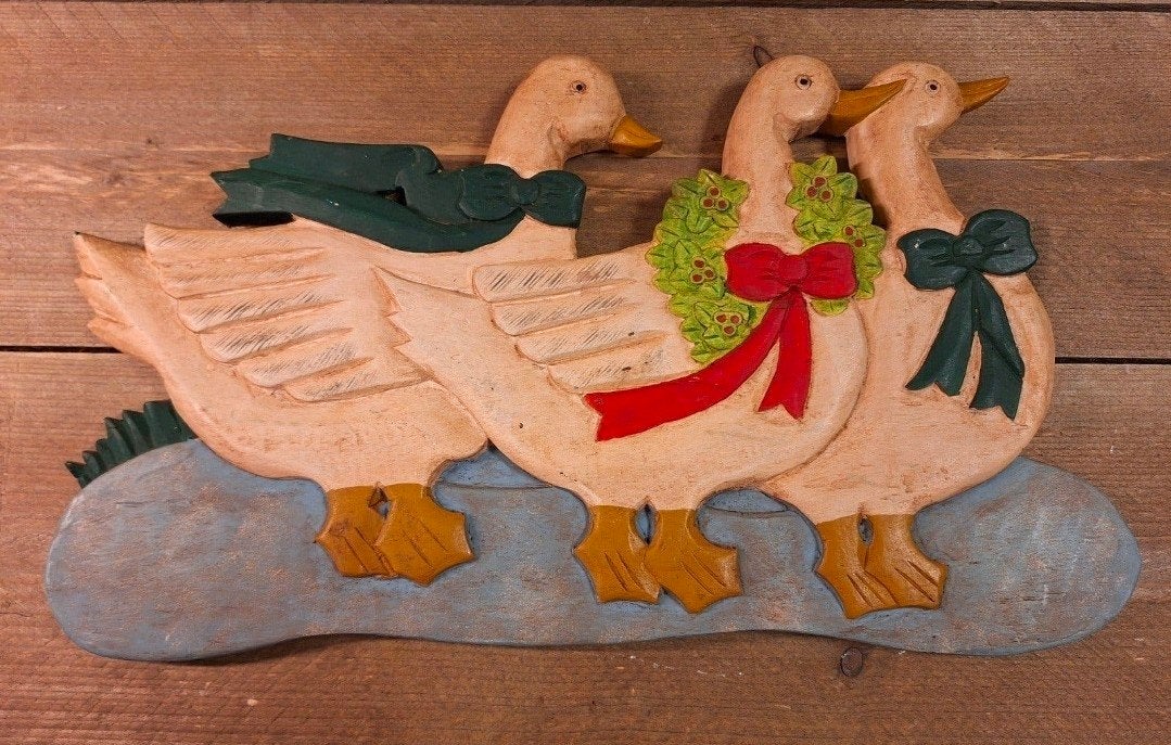 Houten wanddecoratie met drie eenden - Landelijk/Vintage, Gebruikt, Hout, Meerkleurig, Decoratieobject