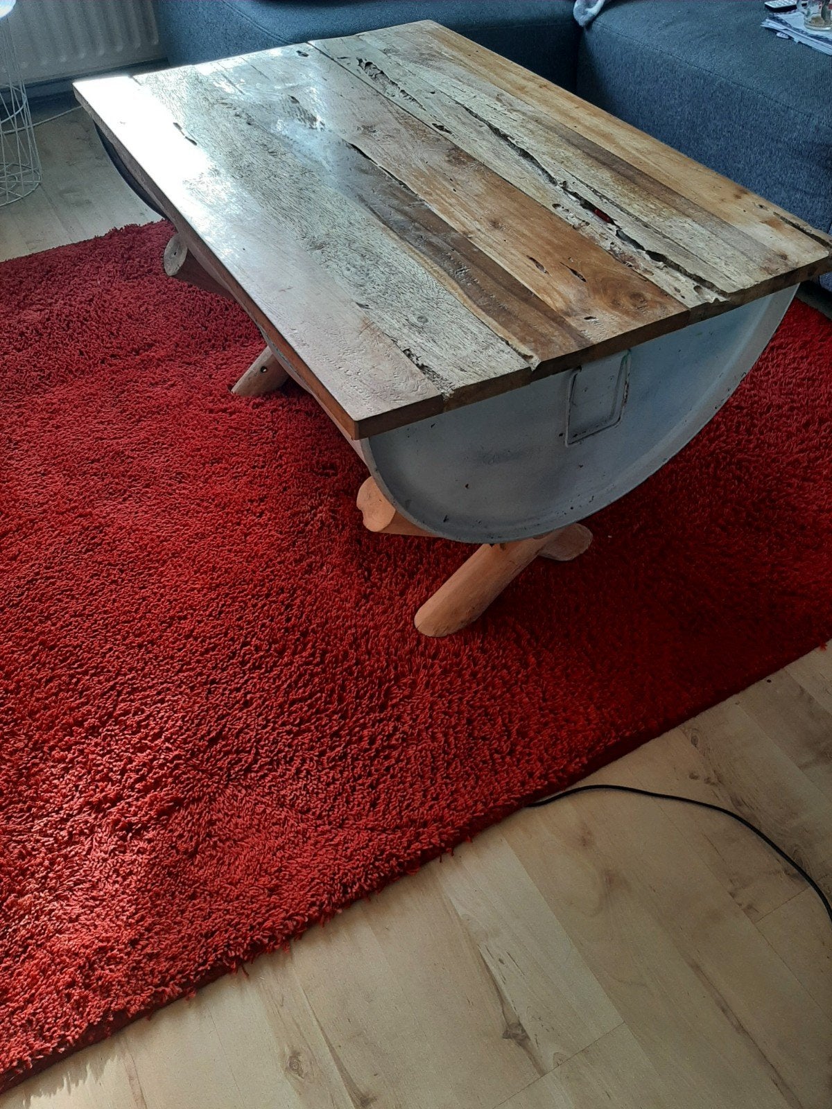 Unieke salontafel van olievat en hout, 50 – 75, Gebruikt, 100 tot 150 cm, 50 tot 100 cm