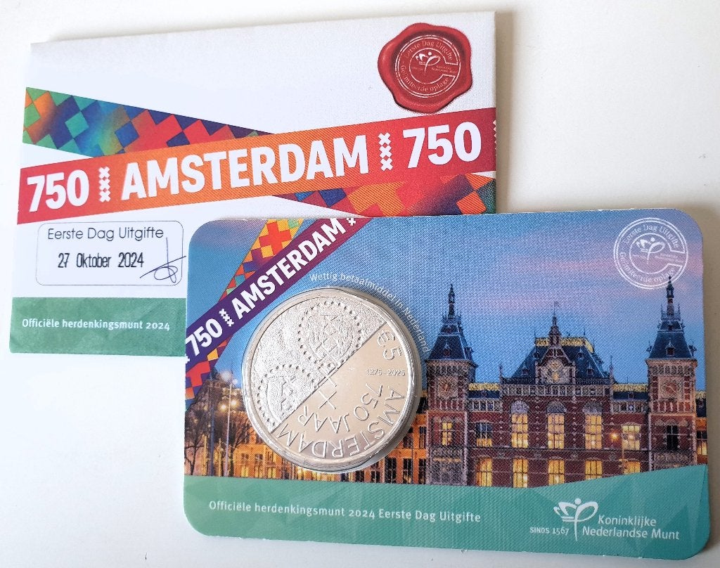 coincard 750 jaar Amsterdam Vijfje 2024 Eerste Dag Uitgifte, Verzenden, Koningin Beatrix, Euro's, Losse munt
