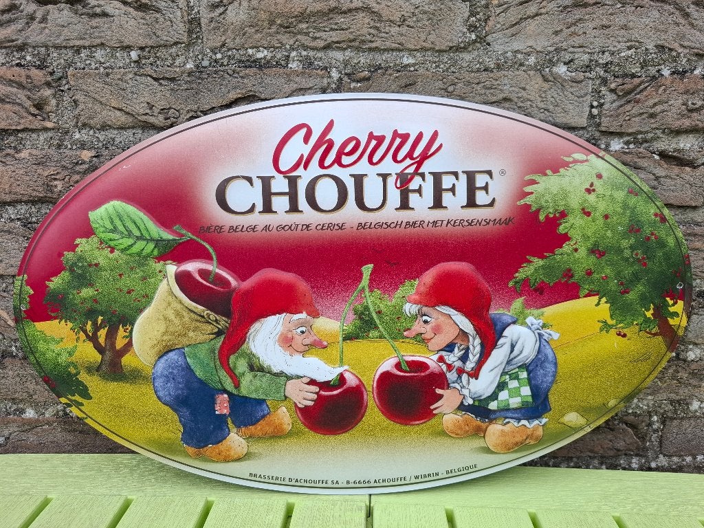 Zeldzaam reclamebord Cherry Chouffe (oud model nr 1), Ophalen of Verzenden, Nieuw, Reclamebord, Plaat of Schild, Overige merken