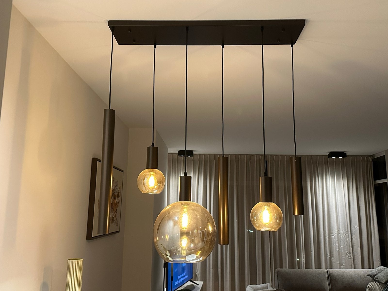 Hanglamp eettafel met 6 lichtpunten - Brons/Amber, Ophalen, Zo goed als nieuw, Glas, E27 (groot)