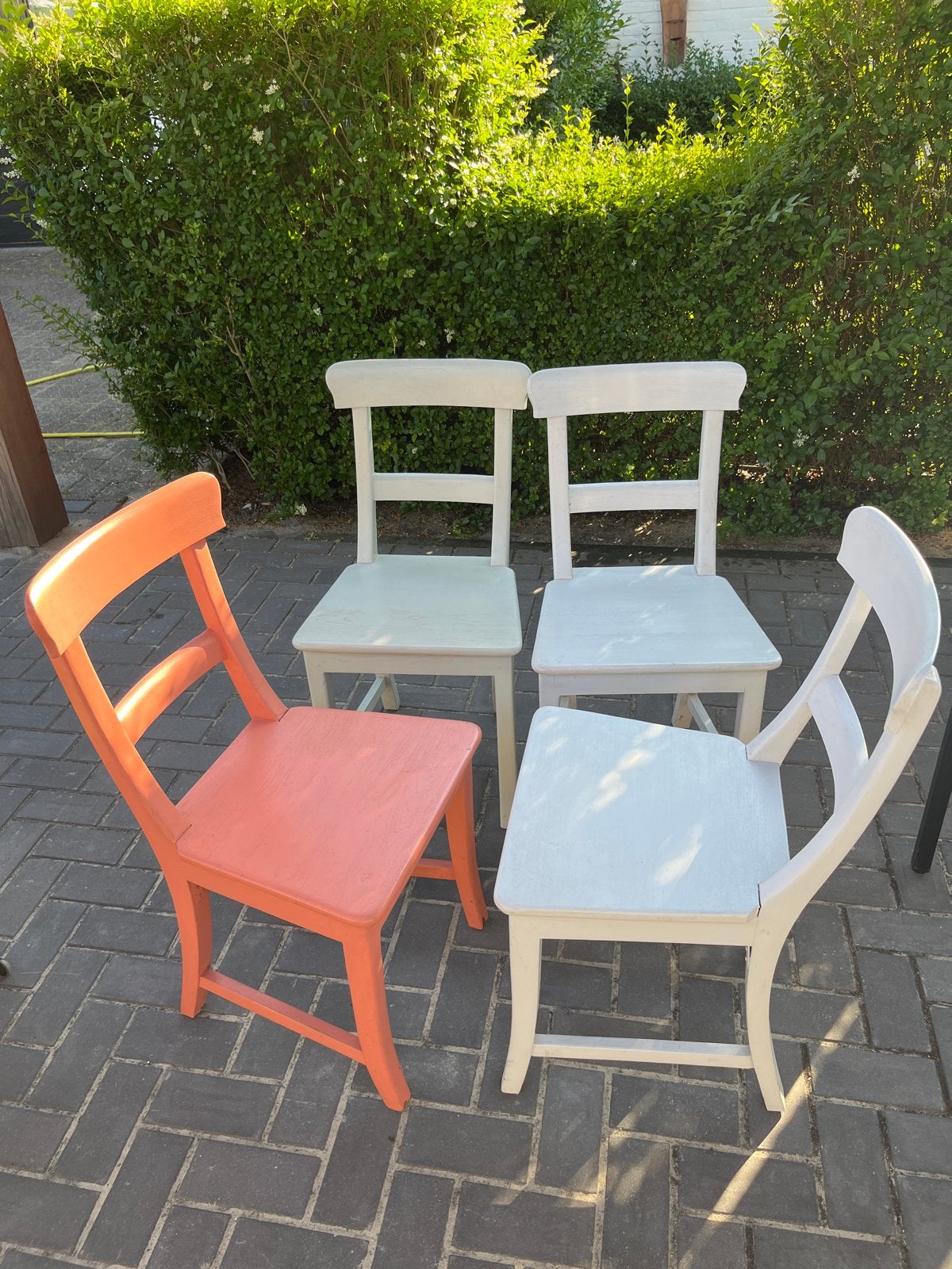 Set van 4 houten stoelen in diverse kleuren, Ophalen, Gebruikt, Overige kleuren, Vier