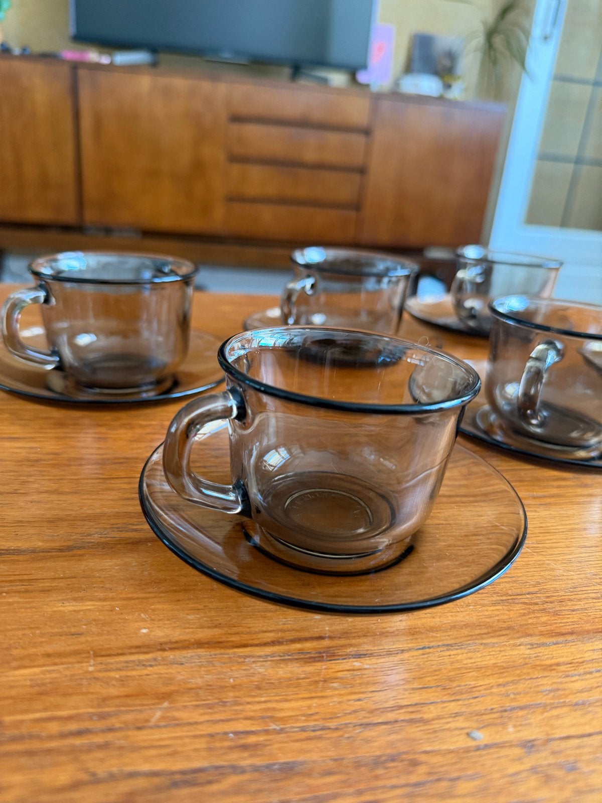 6 Vintage Arcoroc Rookglas Kop en Schotels, Ophalen of Verzenden