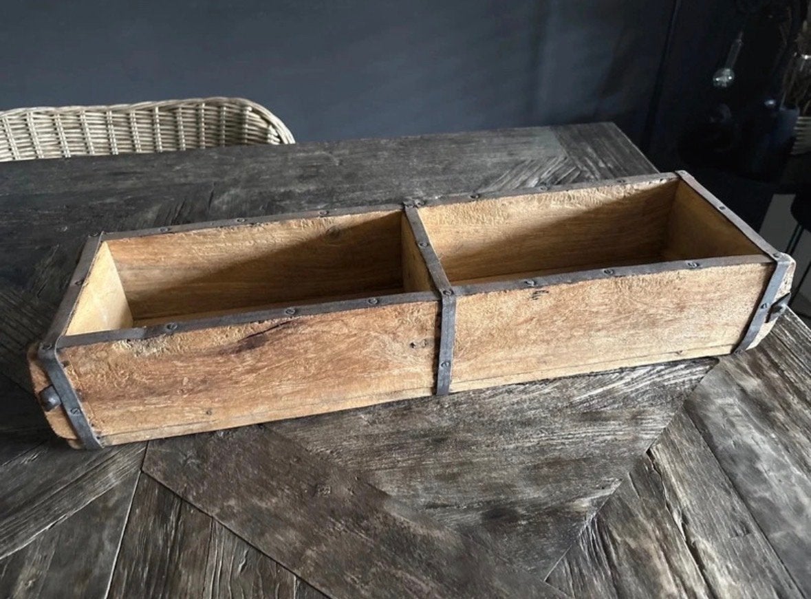 Oude houten baksteenvorm / steenmal met metalen beslag, Antiek en Kunst, Ophalen