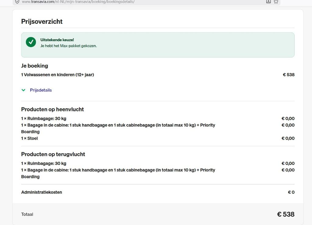 Vliegticket Transavia retour Flex Max a €538,-, Eén persoon, Vliegtuig, Buitenland, Overige typen