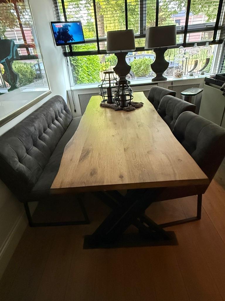 Set met eettafelbank en stoelen, Ophalen, Metaal, Zo goed als nieuw, Vijf, Zes of meer stoelen