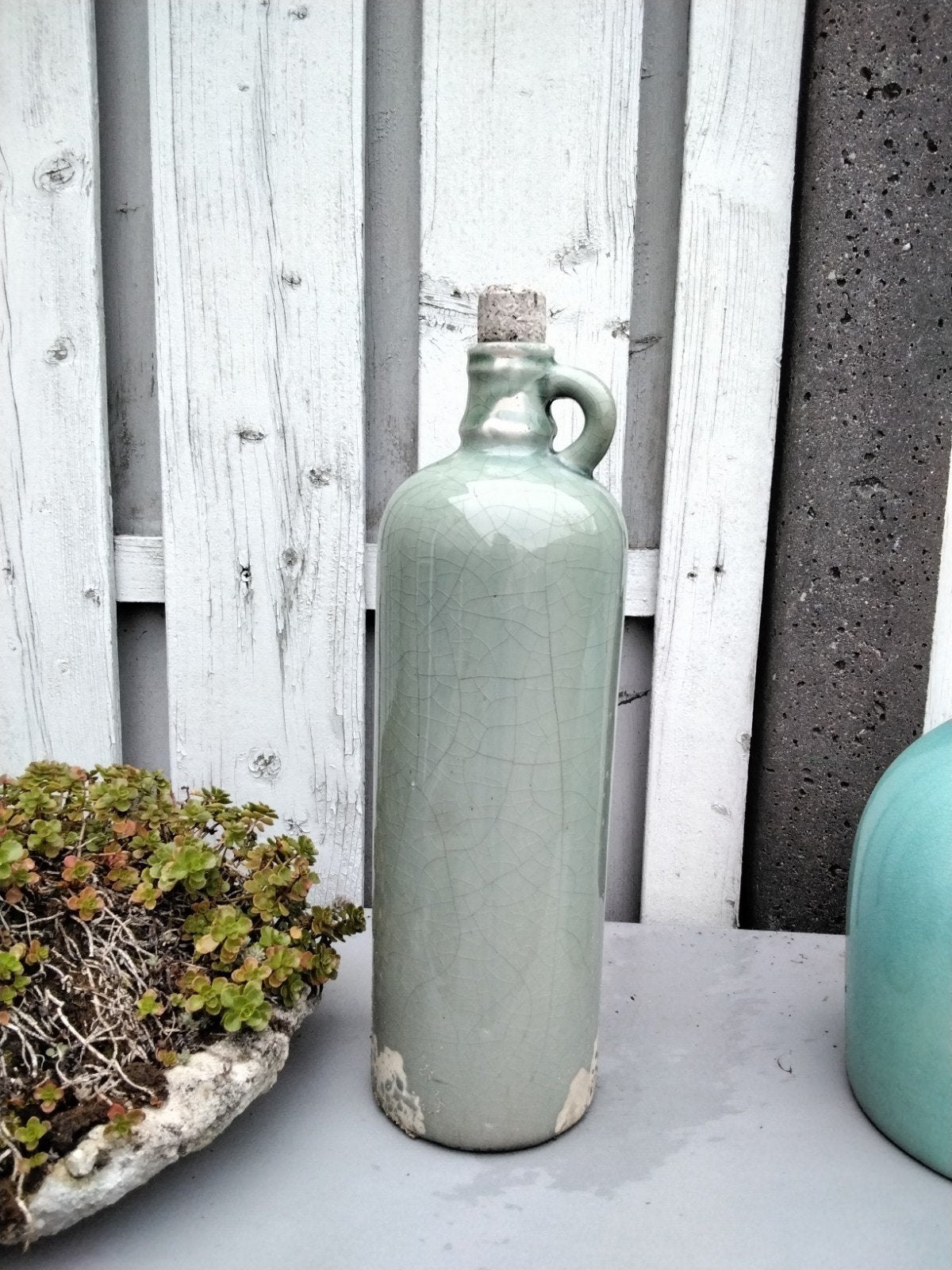 Vintage keramische kruik met kurk - Lichtgroen, Ophalen of Verzenden
