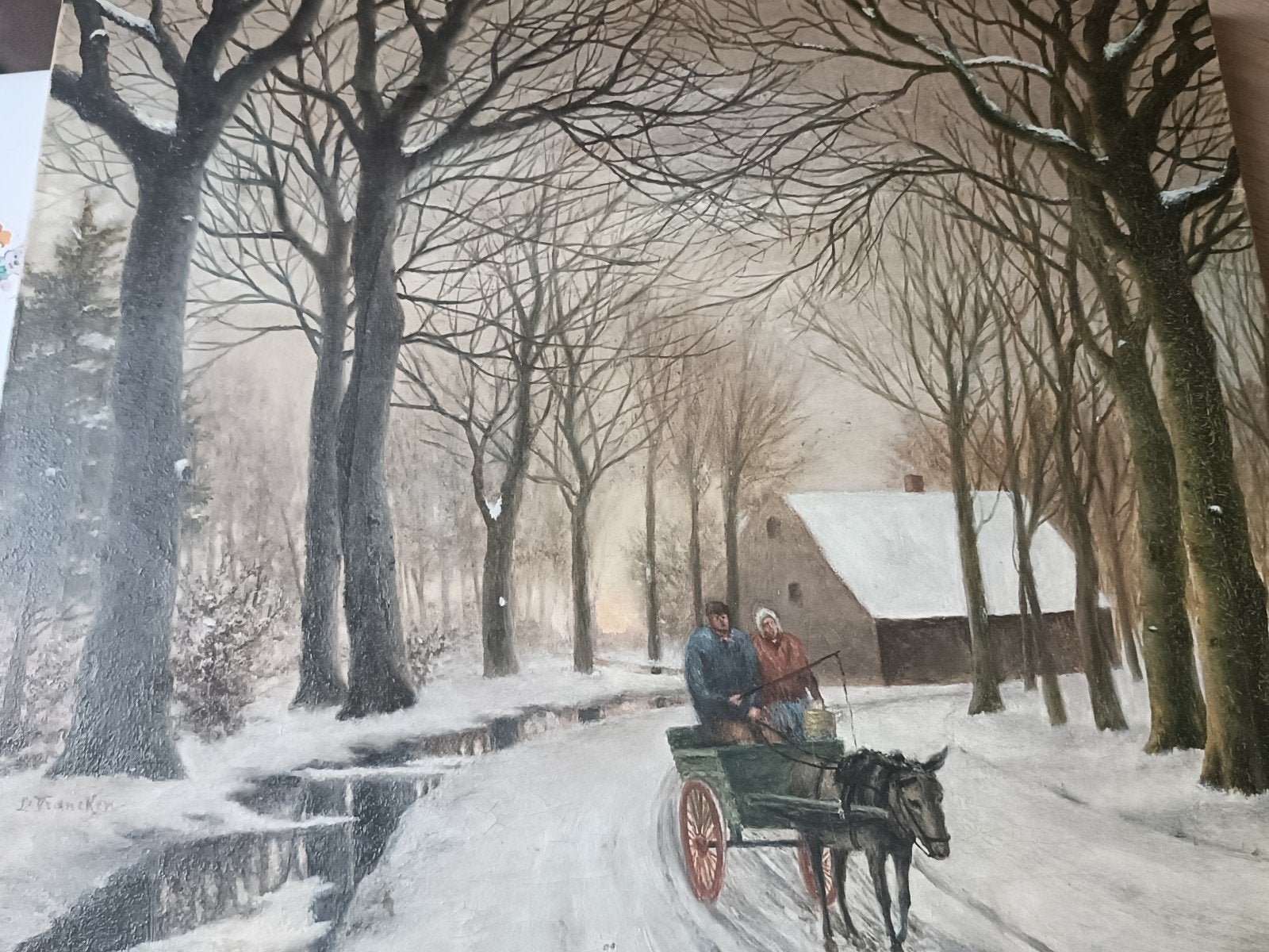 Schilderij D. Francken - Winterlandschap met arreslee, Ophalen of Verzenden