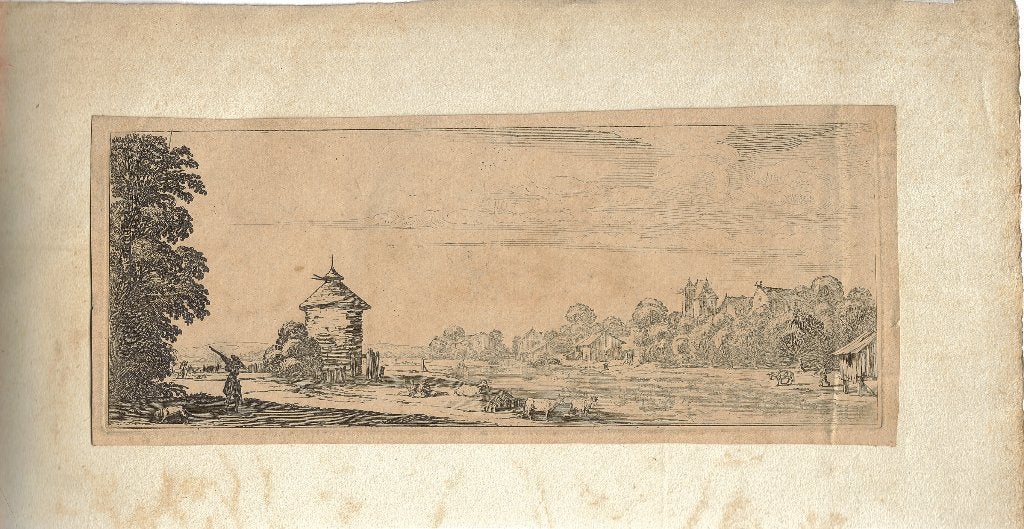 Franse/Italiaanse Maker ets "Geanimeerd Landschap", ca. 1650, Ophalen, Ets, 1600 - 1699, Origineel