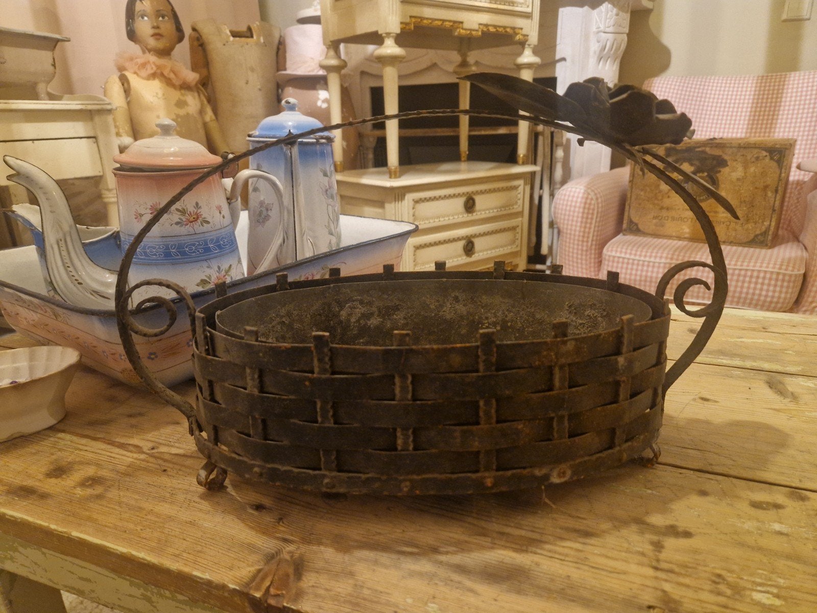Brocante ijzeren hengselmand, Ophalen of Verzenden