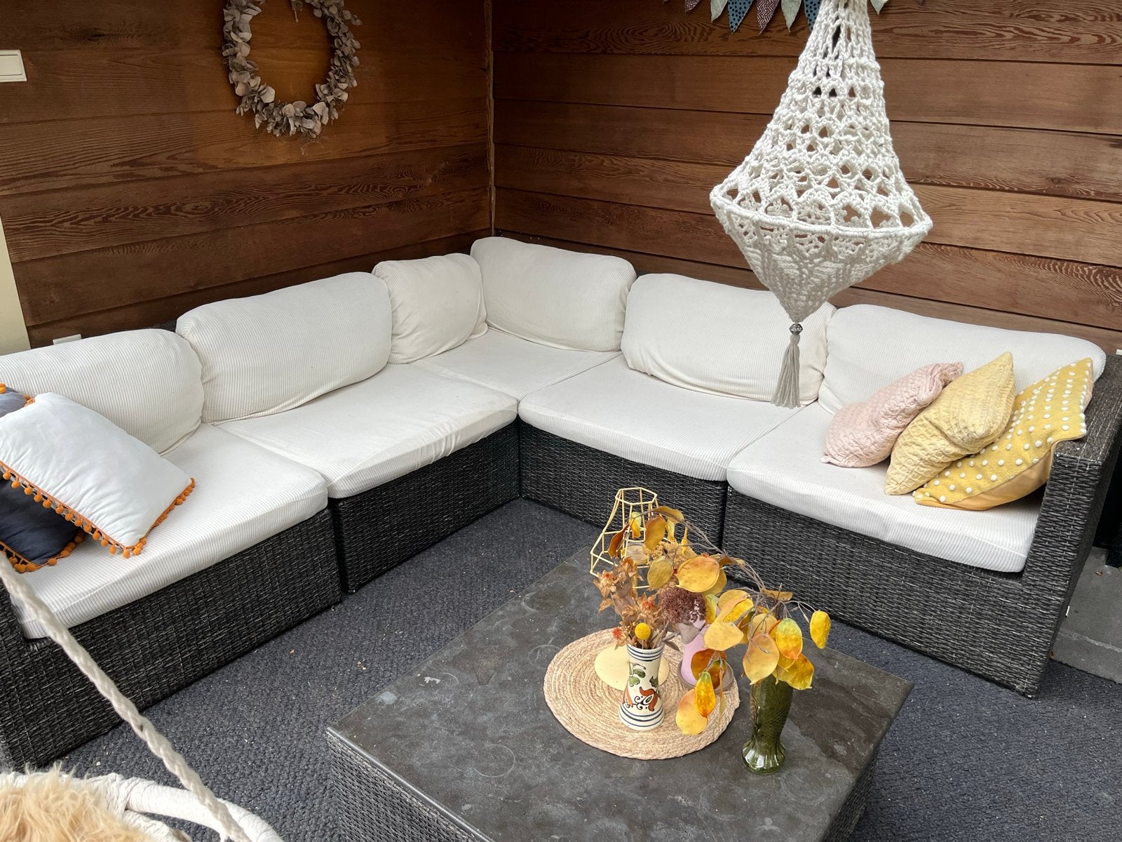 Gebruikte loungeset 250x250cm en tafel met uitwasbare hoezen, Ophalen, 5 zitplaatsen, Gebruikt, Loungeset