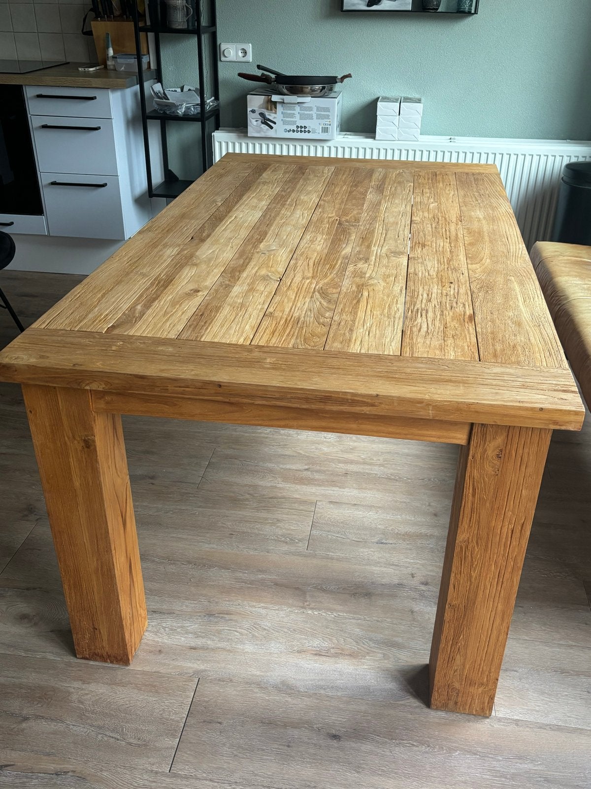 Robuuste houten eettafel met bijpassende bank, Ophalen, Gebruikt, 50 tot 100 cm, 150 tot 200 cm