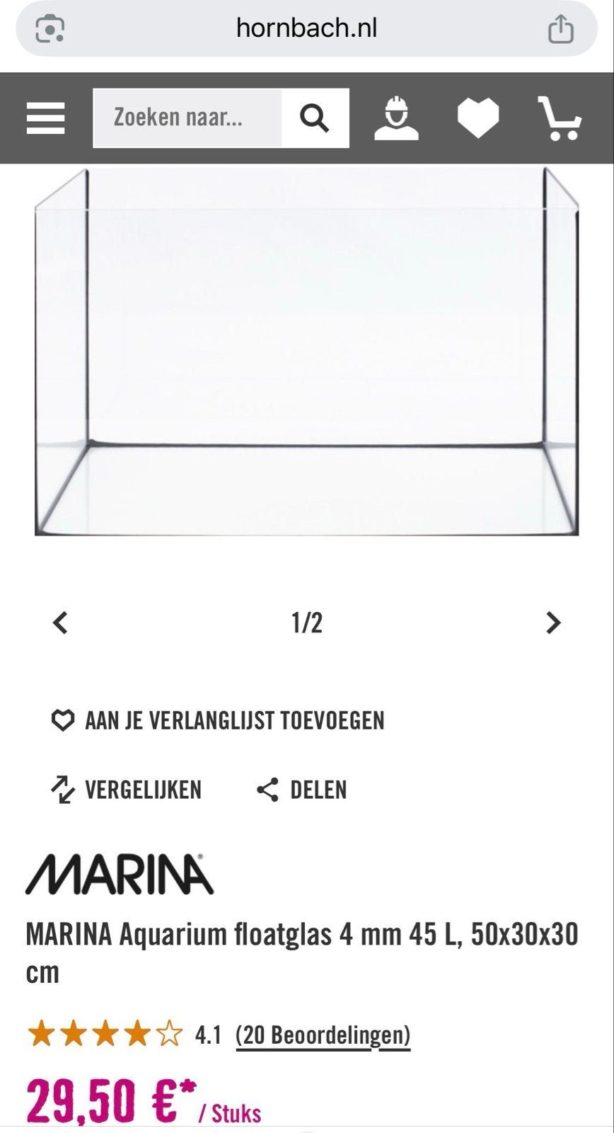 Aquarium 50x30x30cm - 45 liter - Nieuw in doos, Dieren en Toebehoren, Ophalen, Nieuw, Overige merken, Leeg aquarium
