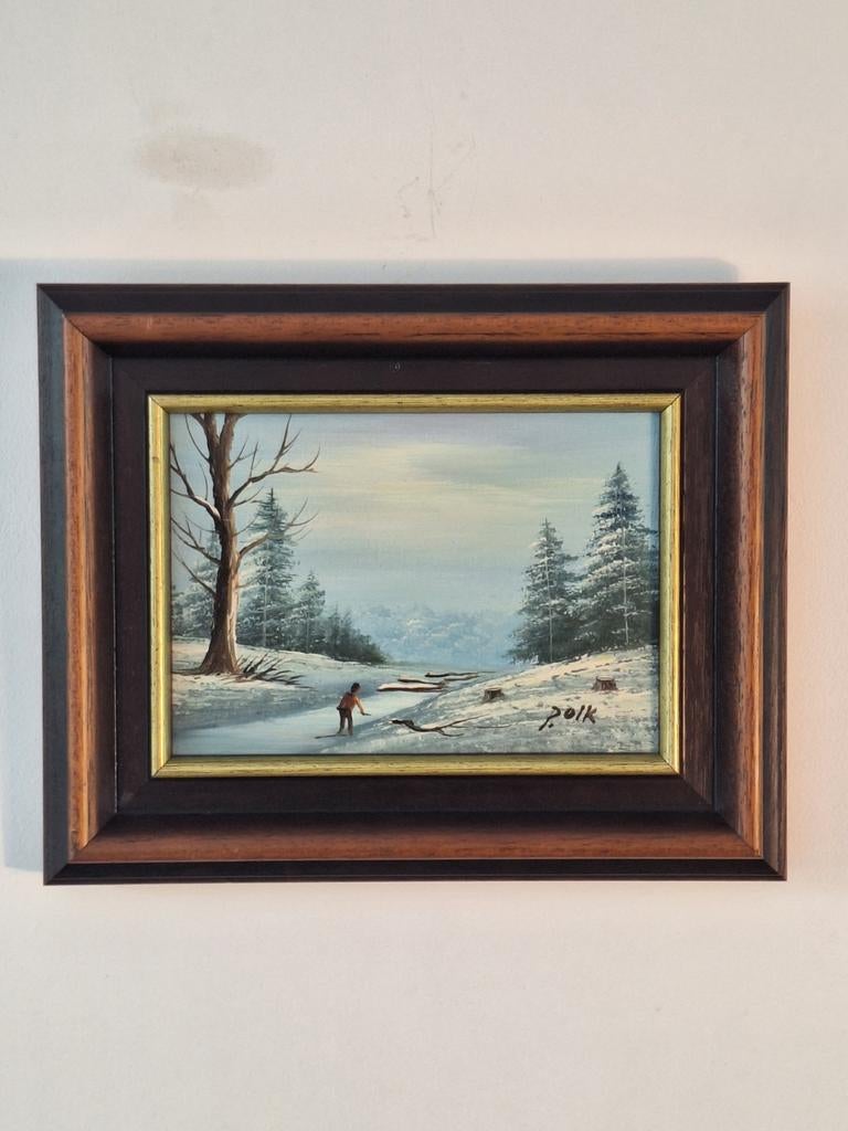 Schilderij Winterlandschap met Schaatsers - Gesigneerd Polk, Ophalen of Verzenden