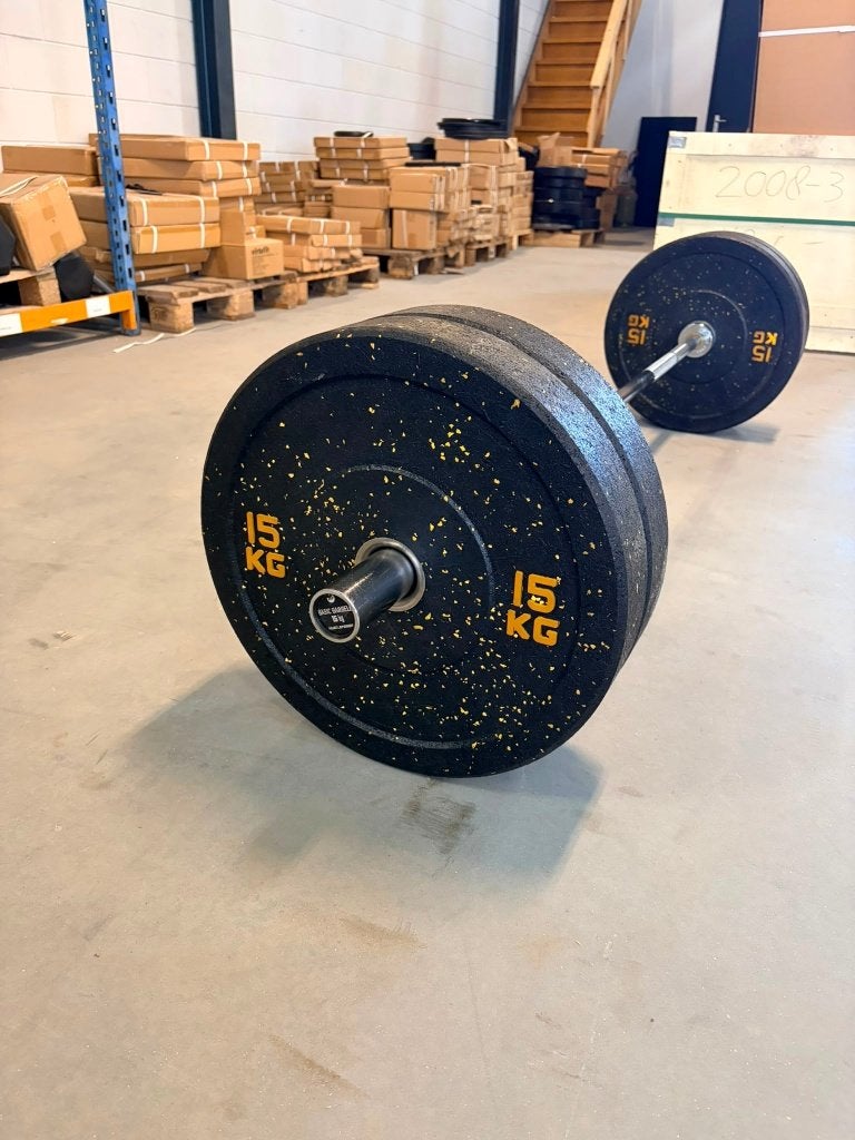 Muslce power 75KG Hi-Temp Bumperplate set nieuw!, Ophalen, Zo goed als nieuw, Halterstangen
