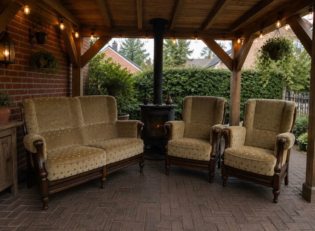 Bank met 2 bijpassende fateuils, Gebruikt, Bank, Hout, Ophalen
