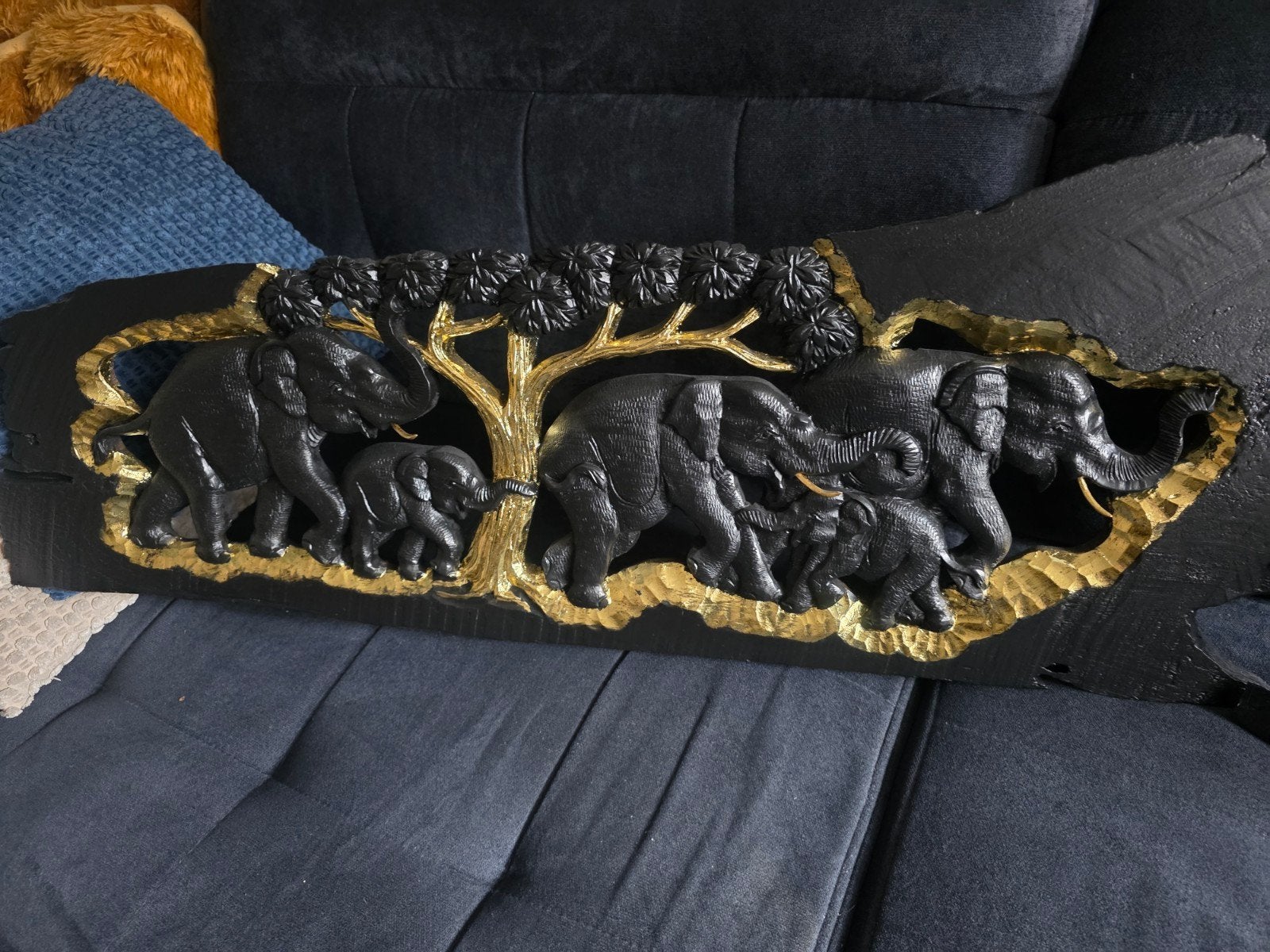 Houten Olifanten Familie Set met Bladgoud, Ophalen, Houtsnijwerk, Zoogdier, Zwart