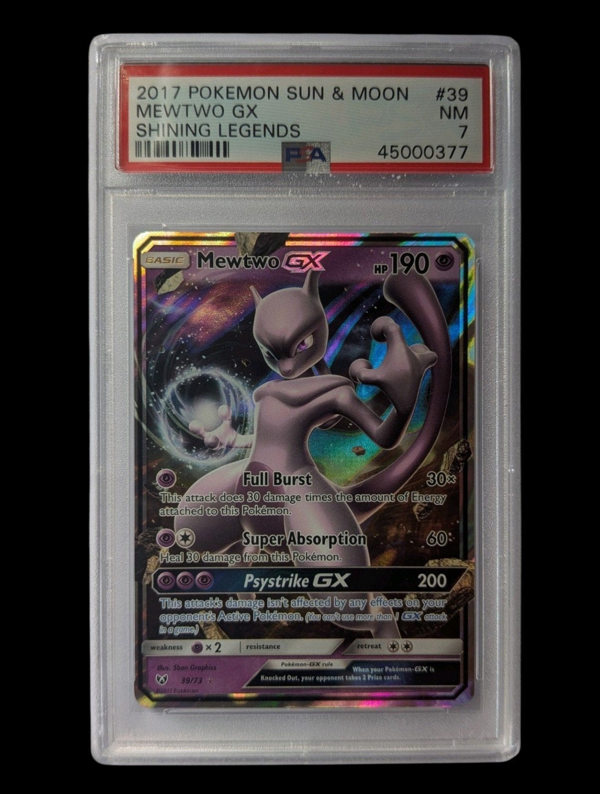 Mewtwo GX #39 PSA 7 - Pokémon Sun & Moon Shining Legends, Ophalen of Verzenden, Zo goed als nieuw, Losse kaart