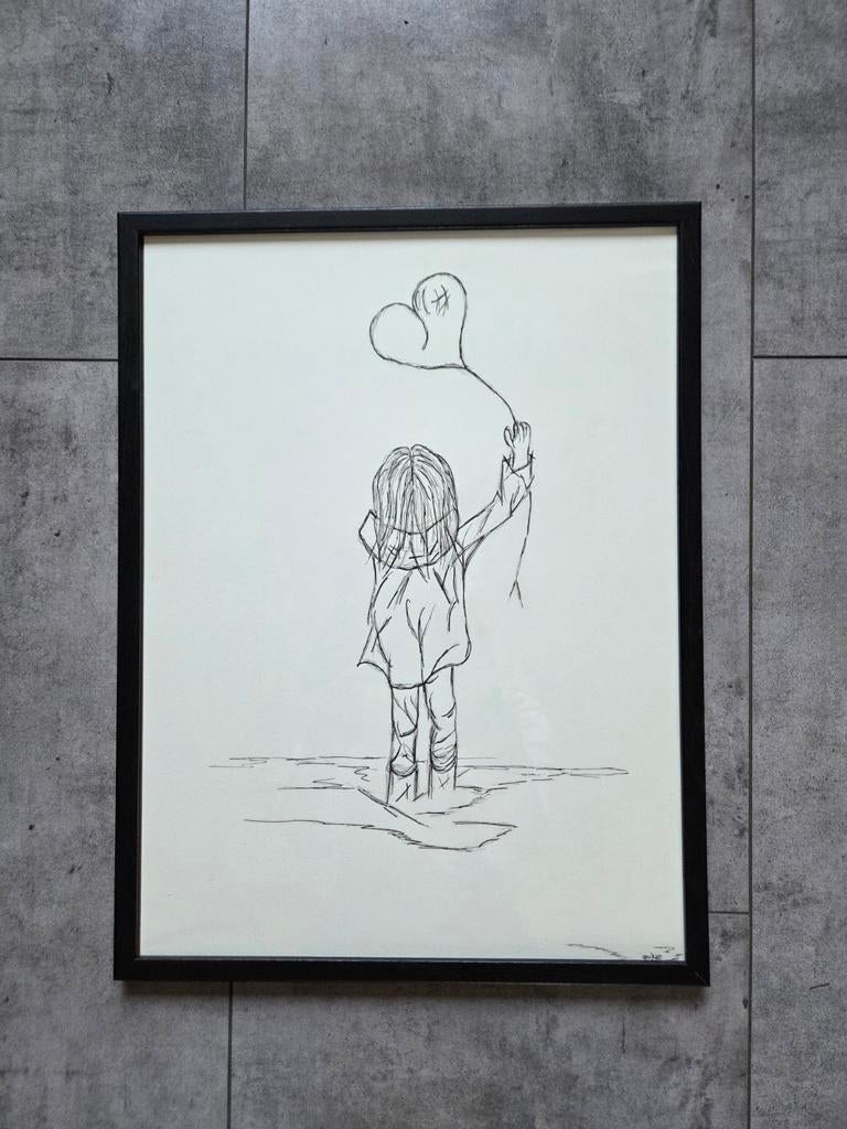 Unieke handgetekende kunst: Kind met hartjesballon, Ophalen of Verzenden