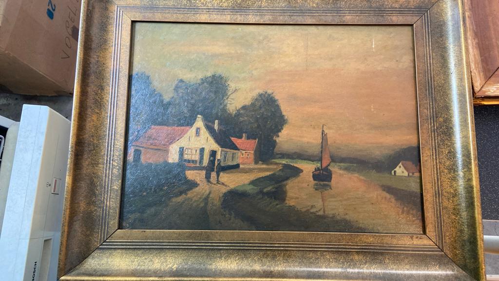 Oud Hollands Landschap Schilderij met Gouden Lijst, Ophalen