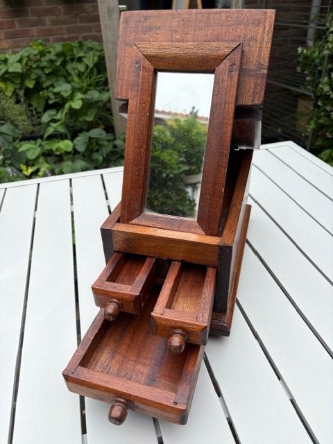 Brocante houten juwelenkist met spiegel en lades, Ophalen, Hout, Brocante, Zo goed als nieuw