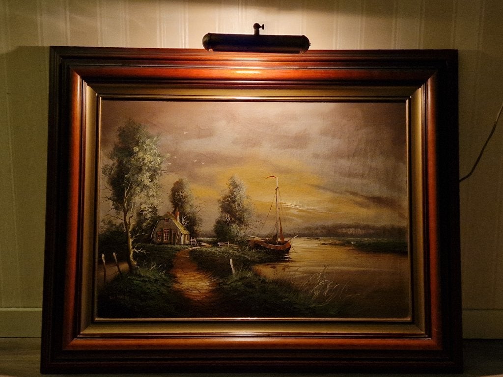 Sfeervol schilderij (W. Kloos). Incl. luxe lijst & lamp, Ophalen, Ingelijst, Landschap